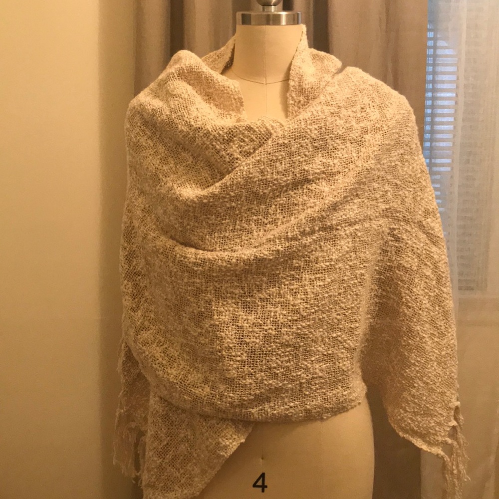 Large Irish shawl in oatmeal.  Knotted fringe ends